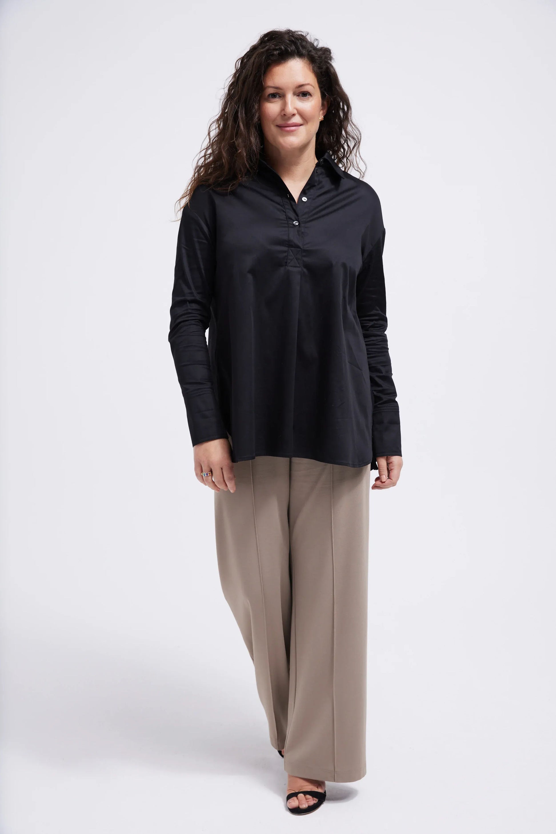 Women's  Poplin Stretch Shirt A-Line Turn Back Cuff